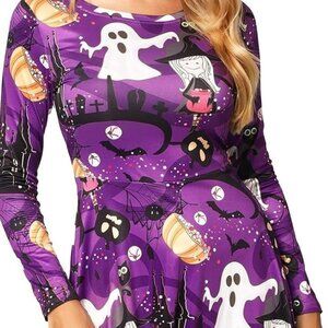 MicroStar Halloween A Line Fit & Flare Midi Swing Dress Long Sleeve Round Neck